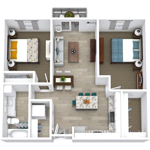 Floor plan for 2 beds, 1 bath, 963 sqft